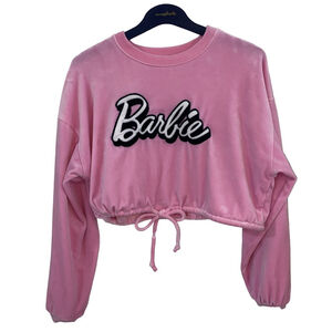 Women's Forever 21 Barbie Pink Velour Cropped Drawstring Sweatshirt Size Medium